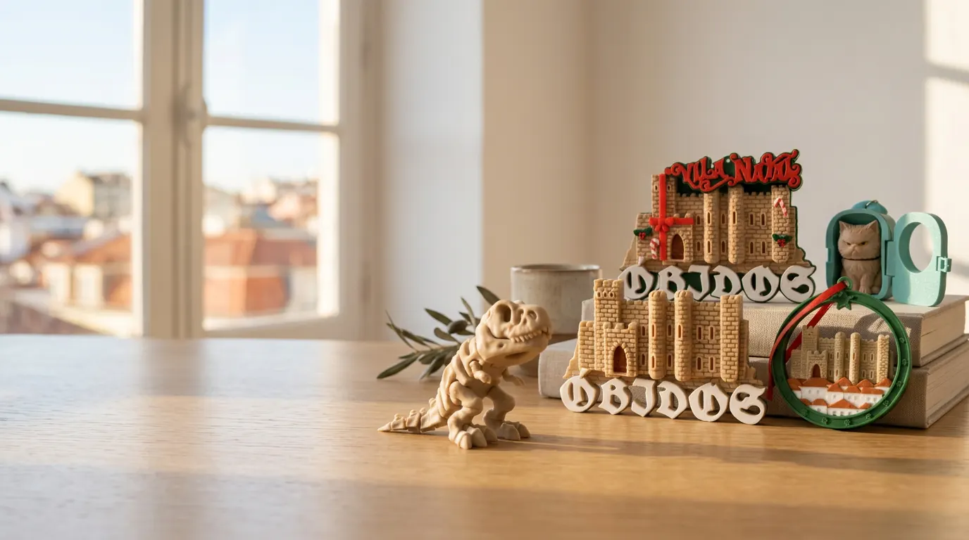 Peças da Avocado 3D numa bancada de madeira junto a uma janela com telhados de Lisboa