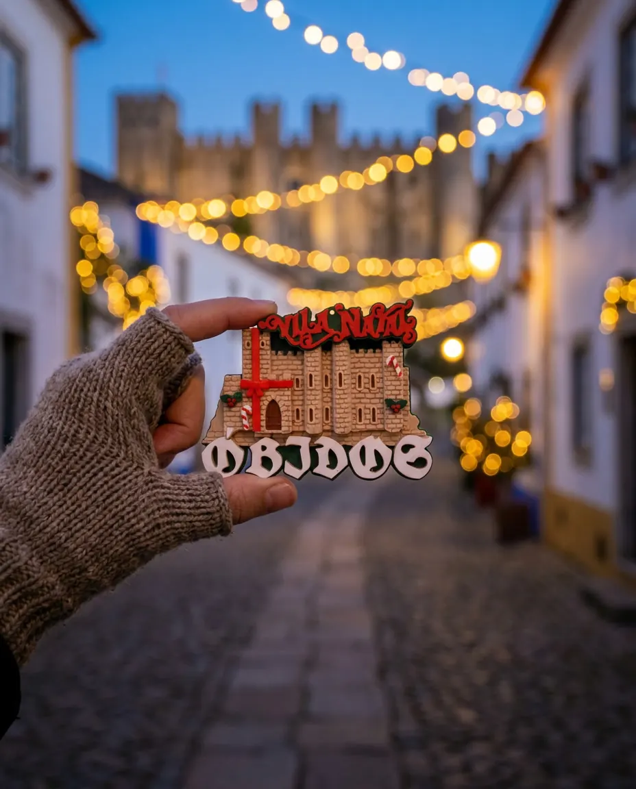 O íman Vila Natal Óbidos seguro à frente das luzes de Natal da vila