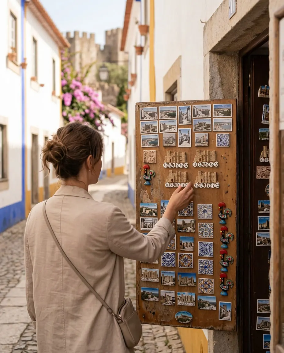 Visitante a tirar o íman do castelo de um painel de ímanes numa rua de Óbidos