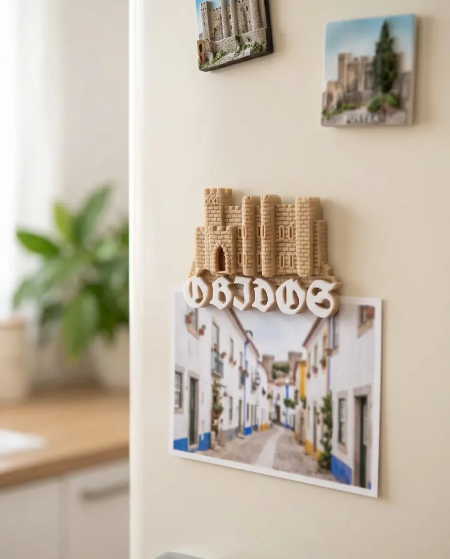 Ilustração: íman do Castelo de Óbidos num frigorífico, a segurar um postal da vila