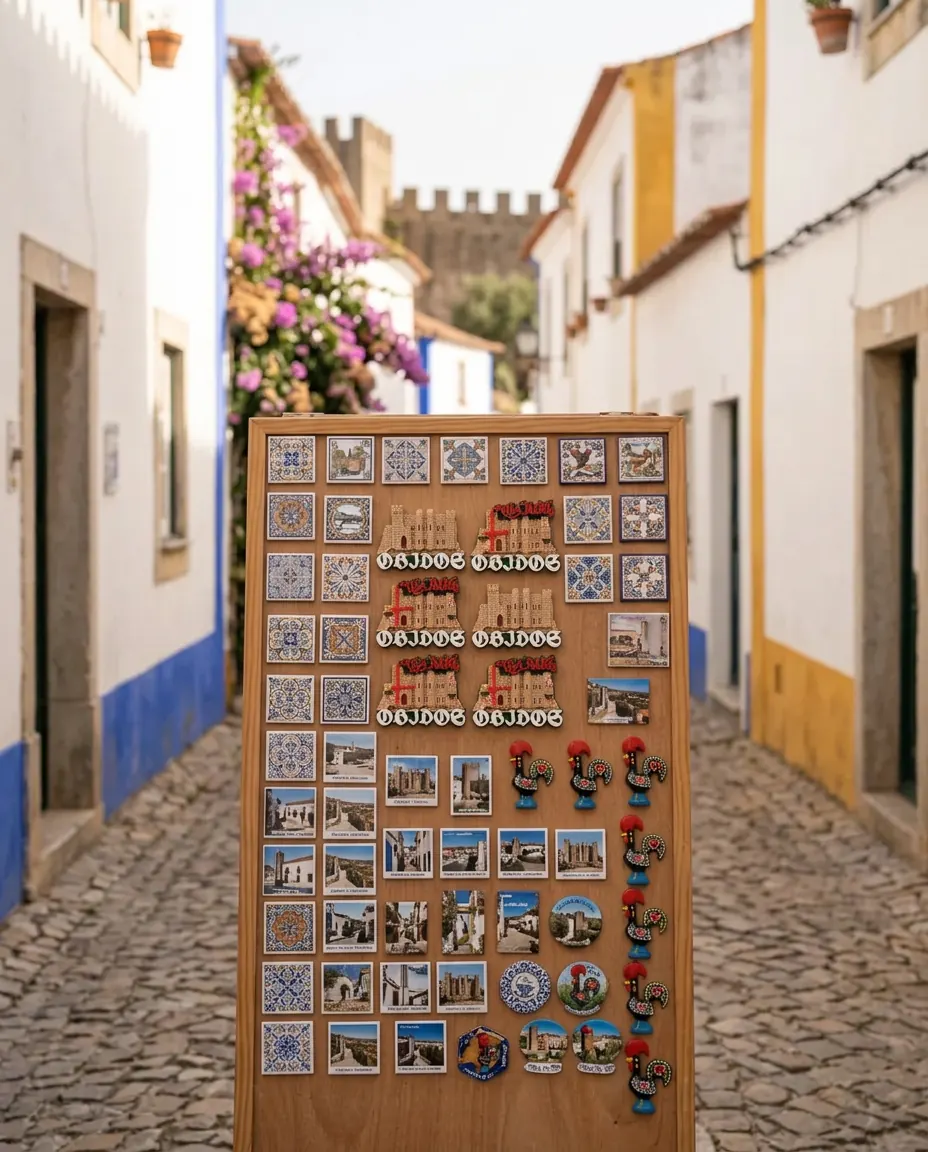 Ilustração: expositor de ímanes à porta de uma loja numa rua caiada de Óbidos, com os ímanes do castelo e da Vila Natal em destaque