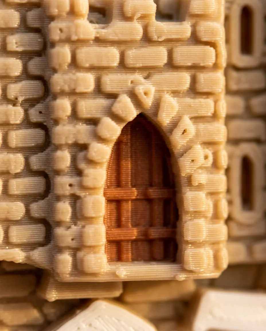 Grande plano da porta e dos tijolos do castelo, com as camadas finas visíveis