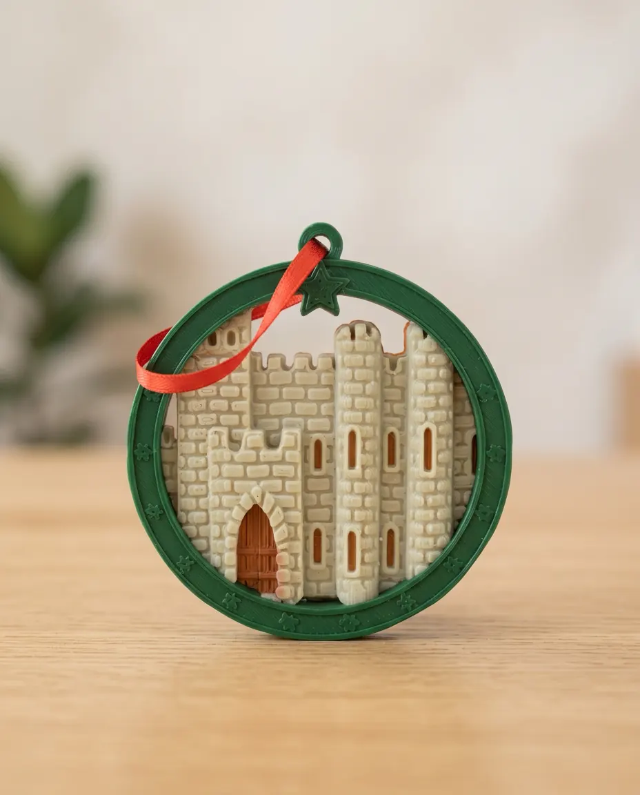 Enfeite de Natal com aro verde e castelo em grande plano