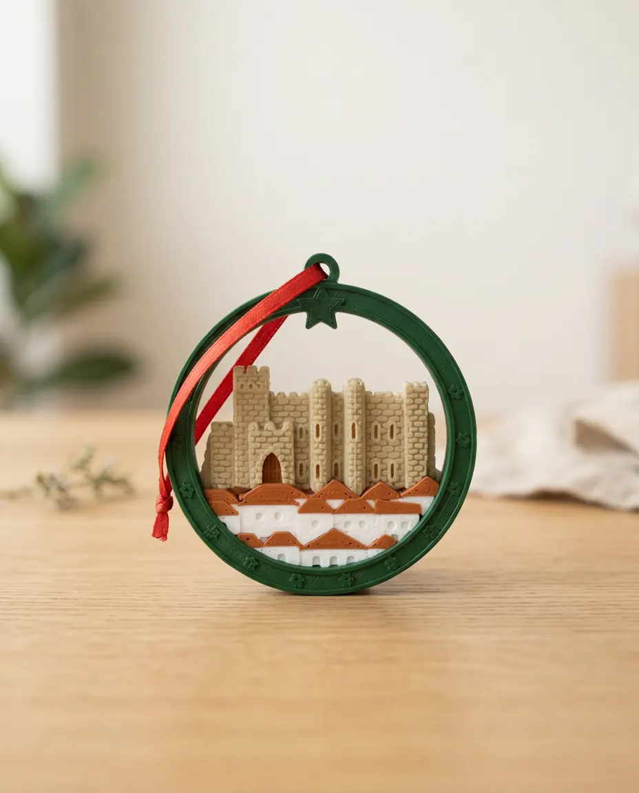 Enfeite de Natal com aro verde, castelo e casas de telhado